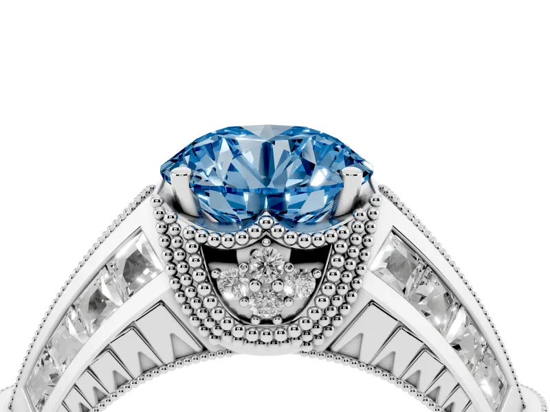 Fancy Blue Round Cut Diamond Vintage-Inspired Milgrain Ring Set in Silver with Accent Split Shank