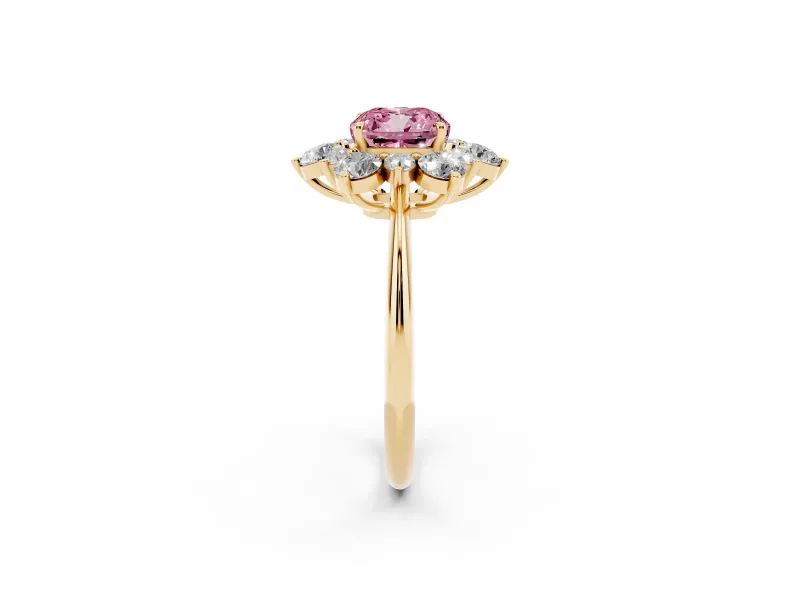 Cushion Cut Cluster Halo Engagement Ring Setting for a Fancy Pink Lab-Grown Diamond | Yellow Gold