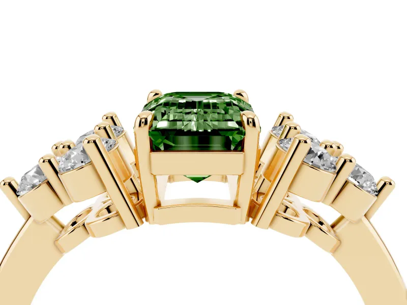Emerald Cut Cluster Side Stone Engagement Ring Setting for a Fancy Green Lab-Grown Diamond | Plain Band | Yellow Gold
