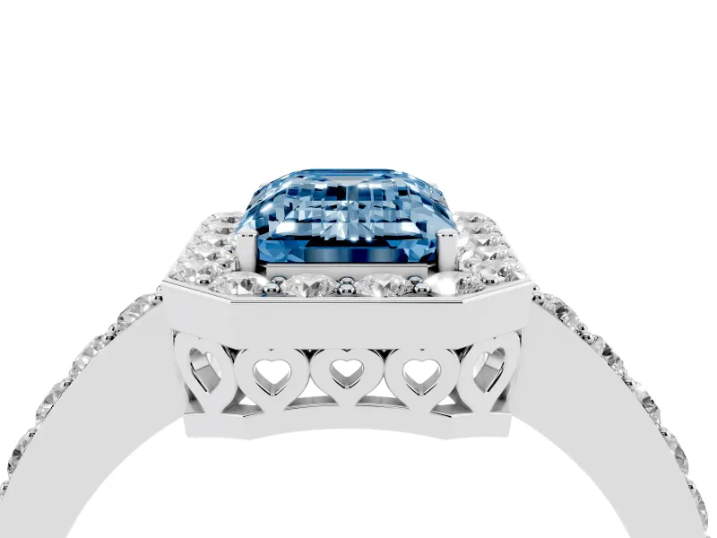 Fancy Blue Emerald Cut Diamond Halo Ring Set in Silver with Pavé-Setting Band and Open Prong Center