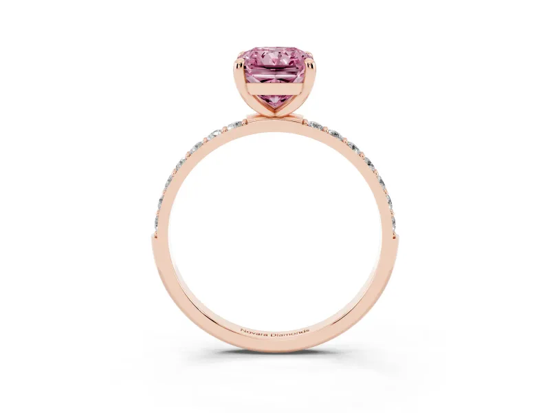 Fancy Pink Radiant Cut Diamond Solitaire Ring Set in Rose gold with Round Pavé Band and Prong Setting