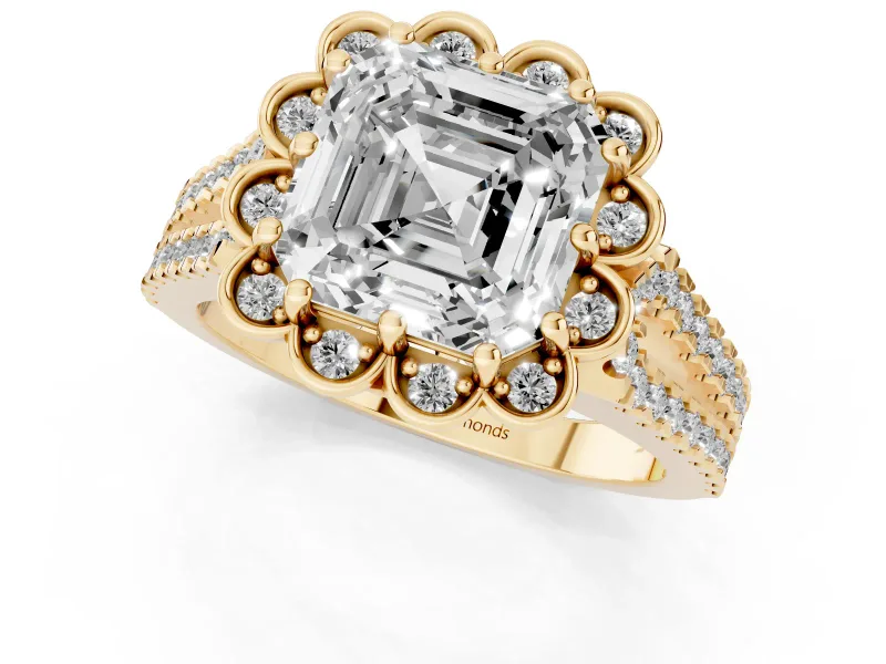 Asscher Cut Petal Frame Floral Halo Engagement Ring Setting | Pavé Split Shank | Yellow Gold