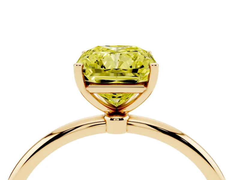 Fancy Yellow Radiant Cut Diamond Solitaire Engagement Ring Set in Yellow gold with Thin Band and Prong Setting