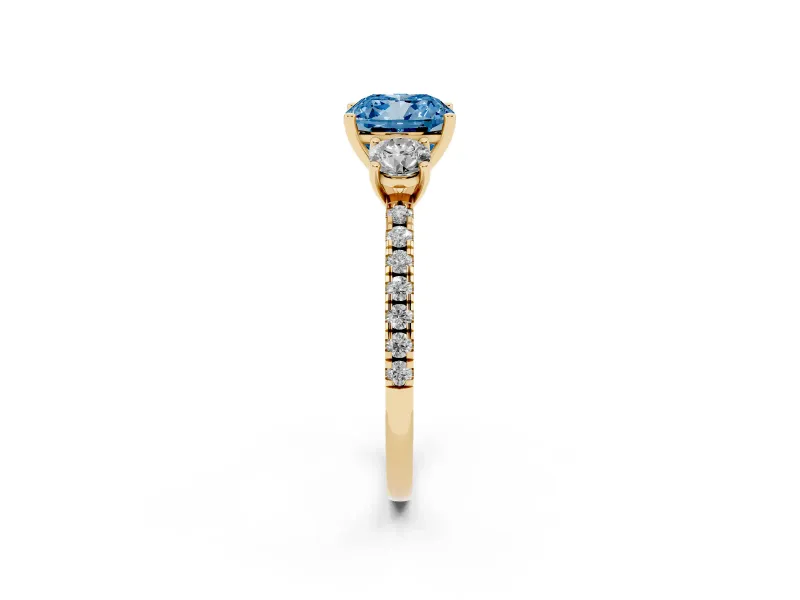 Cushion Cut Three Stone Engagement Ring Setting for a Fancy Blue Lab-Grown Diamond | Pave Shoulders | Yellow Gold
