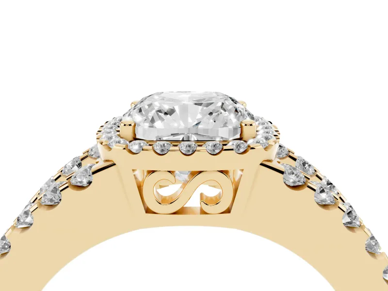 Cushion Cut Halo Split Shank Engagement Ring Setting | Pavé Strands | Yellow Gold