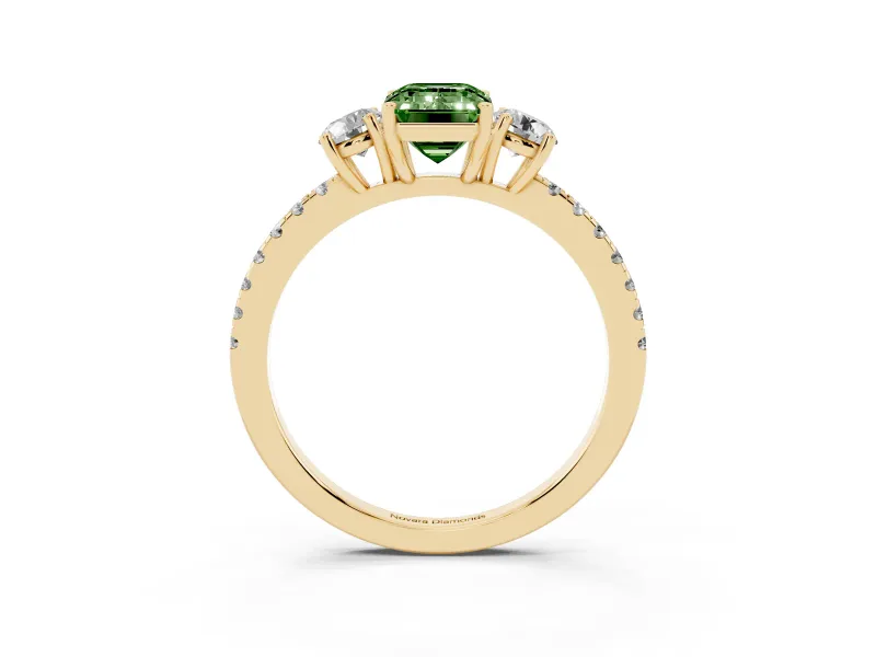 Emerald Cut Three Stone Engagement Ring Setting for a Fancy Green Lab-Grown Diamond | Pave Shoulders | Yellow Gold