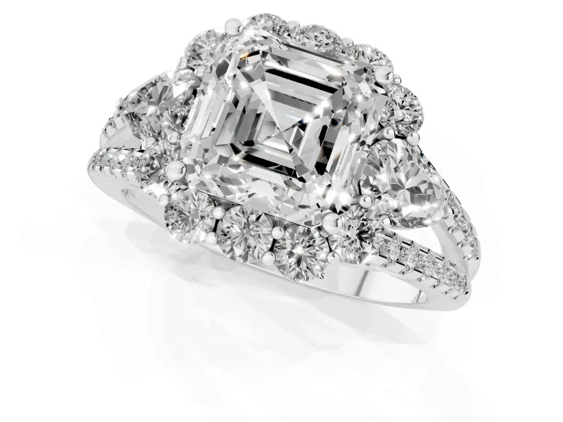 Asscher Cut Scalloped Halo Engagement Ring Setting | Pear Side Stones | White Gold