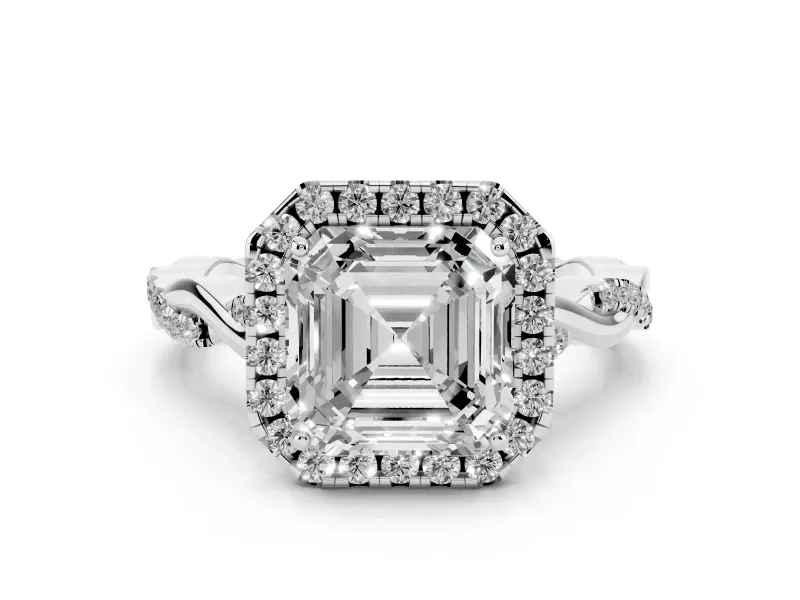 Asscher Cut Diamond Halo Twist Band Solitaire Ring Set in Platinum with Prong Setting