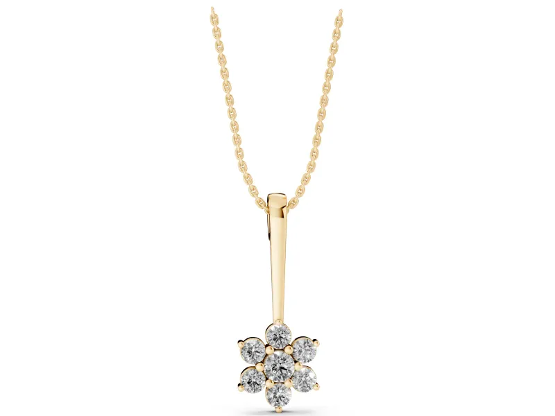 Round Lab-Grown Diamond Flower Cluster Pendant Necklace | Grooved Bail | Yellow Gold