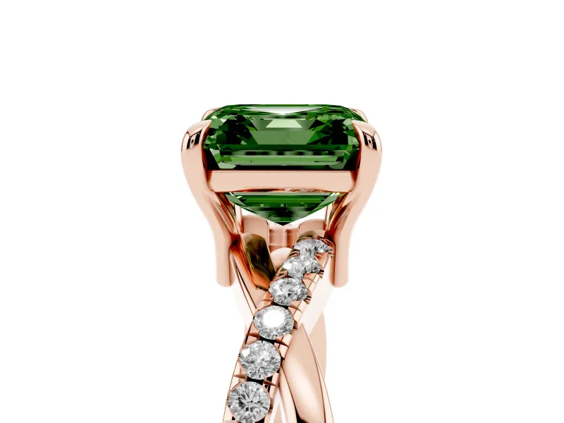 Fancy Green Asscher Cut Diamond Twist Band Solitaire Set in Rose gold with Pavé Accents and Prong Setting