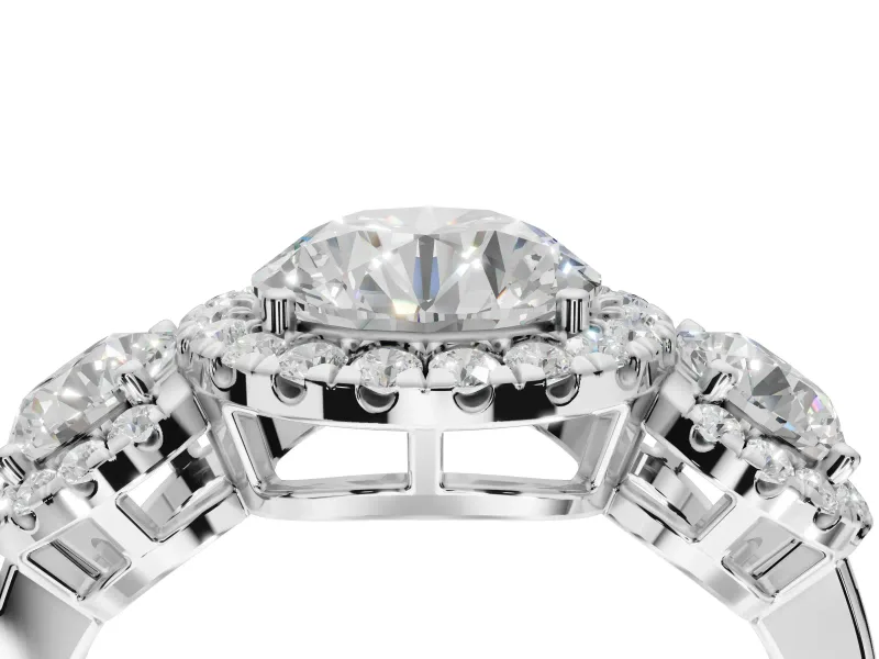 Round Three Stone Halo Engagement Ring Setting | Haloed Side Stones | Sterling Silver
