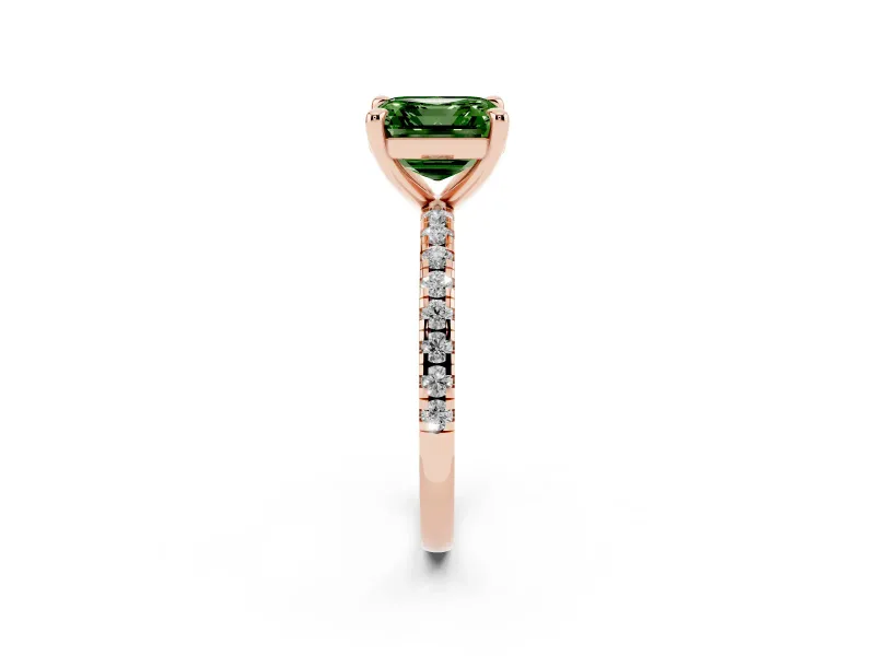 Fancy Green Asscher Cut Diamond Brilliant Solitaire Ring Set in Rose gold with Pavé Band and Prong Setting