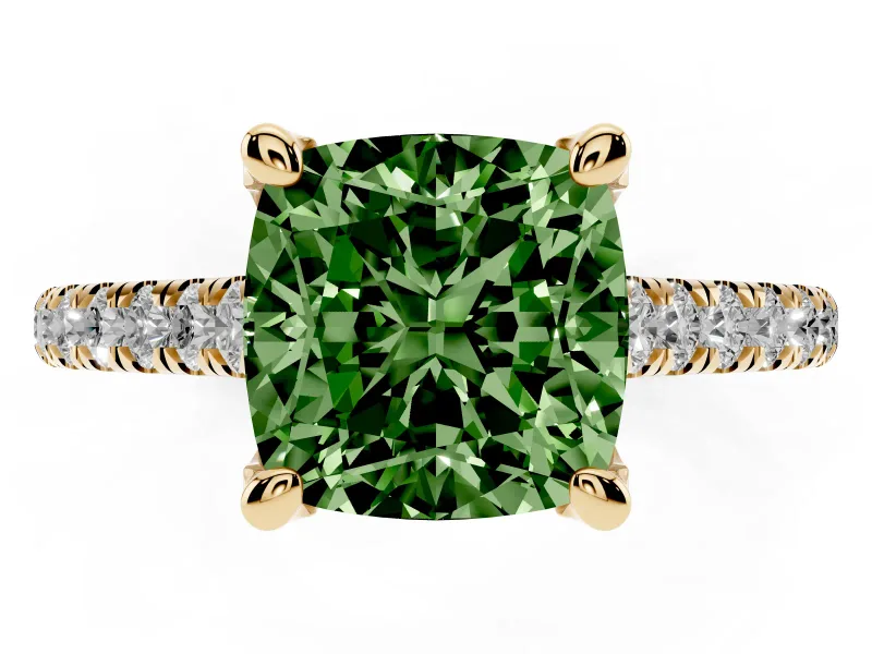 Cushion Cut Hidden Halo Pave Engagement Ring Setting for a Fancy Green Lab-Grown Diamond | Claw Prongs | Yellow Gold