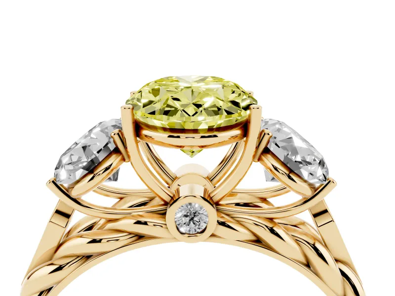 Fancy Yellow Oval Cut Diamond Three-Stone Ring Set in Yellow gold with Braided Band