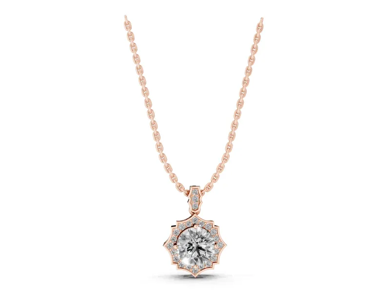 Round Lab-Grown Diamond Pointed Halo Pendant Necklace | Pavé Bail | Rose Gold