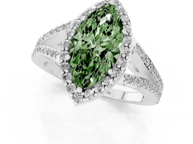 Marquise Halo Engagement Ring Setting for a Fancy Green Lab-Grown Diamond | V-Split Pavé Band | Sterling Silver