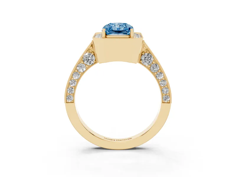 Radiant Cut Milgrain Halo Engagement Ring Setting for a Fancy Blue Lab-Grown Diamond | Side Stones | Yellow Gold