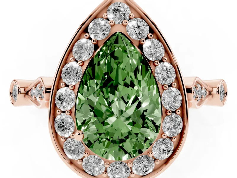 Fancy Green Pear Cut Diamond Halo Engagement Ring Set in Rose gold with Twisted Band and Prong Setting