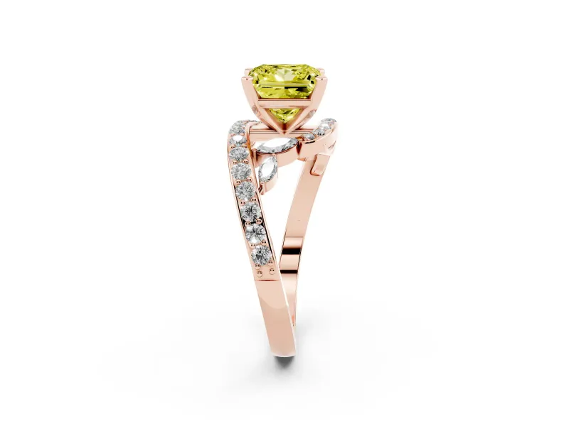 Fancy Yellow Princess Cut Diamond Solitaire Ring Set in Rose gold with Pavé Twist Band and Secure Prong Setting