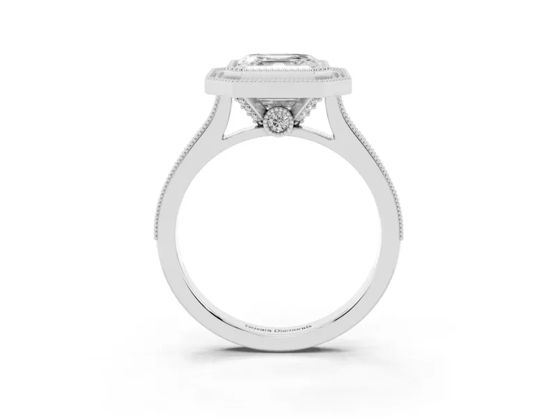 Asscher Cut Vintage Milgrain Halo Engagement Ring Setting | Bezel Head | White Gold