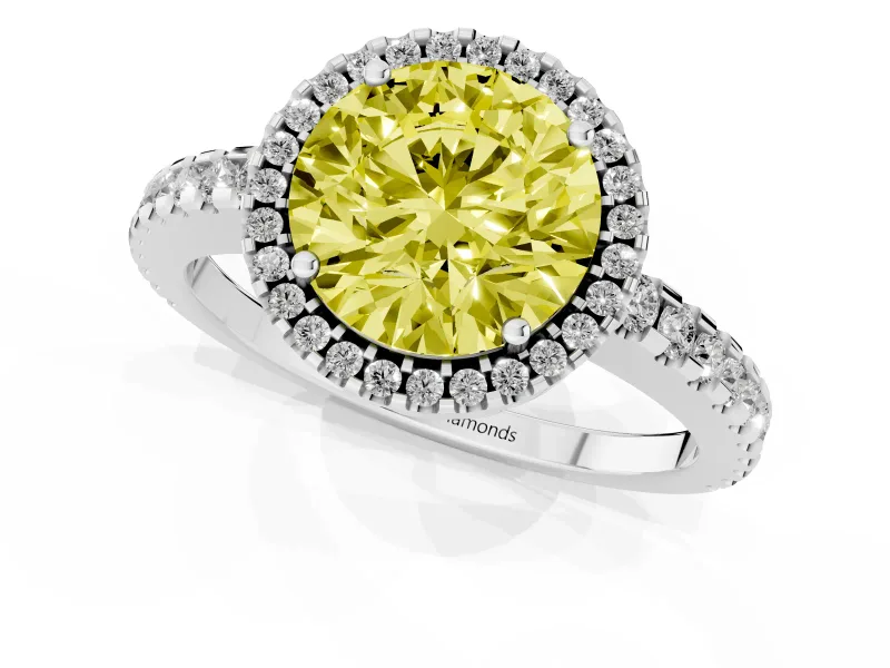 Round Halo Engagement Ring Setting for a Fancy Yellow Lab-Grown Diamond | Half Pave Band | Platinum