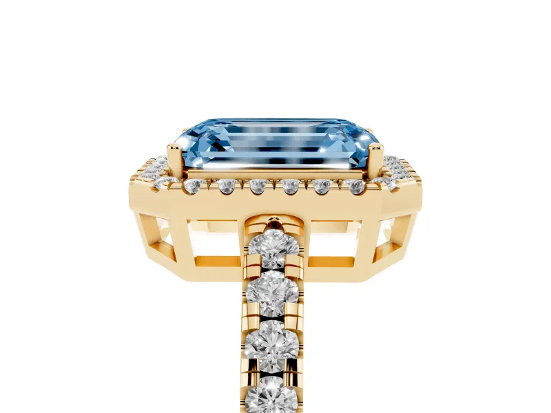 Emerald Cut Halo Engagement Ring Setting for a Fancy Blue Lab-Grown Diamond | Graduated Pavé Band | Yellow Gold