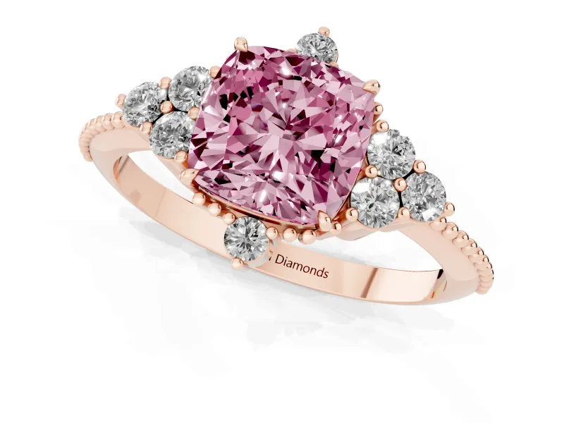 Cushion Cut Cluster Engagement Ring Setting for a Fancy Pink Lab-Grown Diamond | Rose Gold