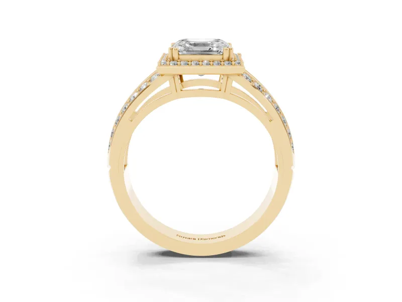 Asscher Cut Halo Engagement Ring Setting | Two-Row Pave Split Shank | Yellow Gold