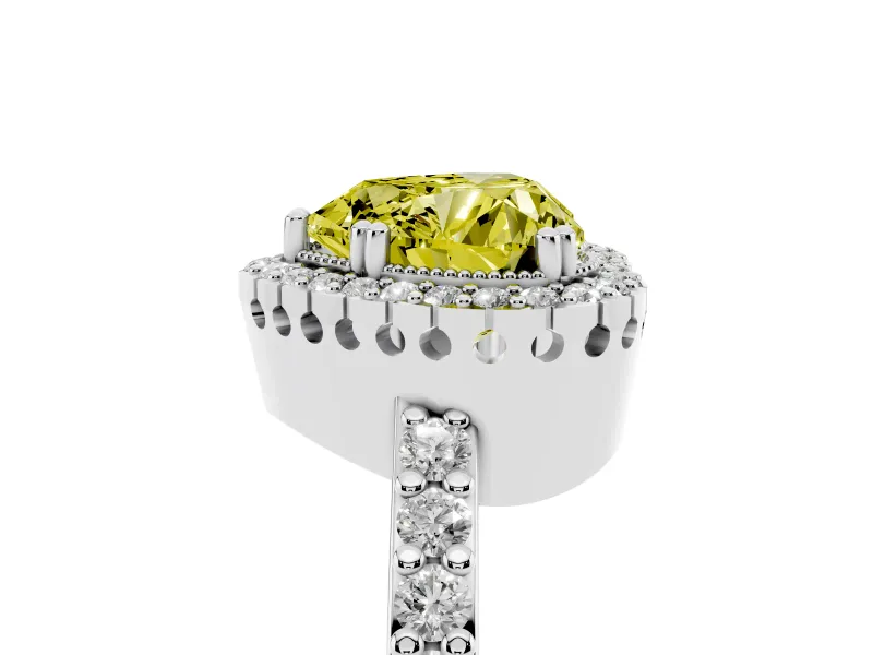 Fancy Yellow Heart Cut Diamond Halo Engagement Ring Set in Platinum with Milgrain Detail and Pavé Band