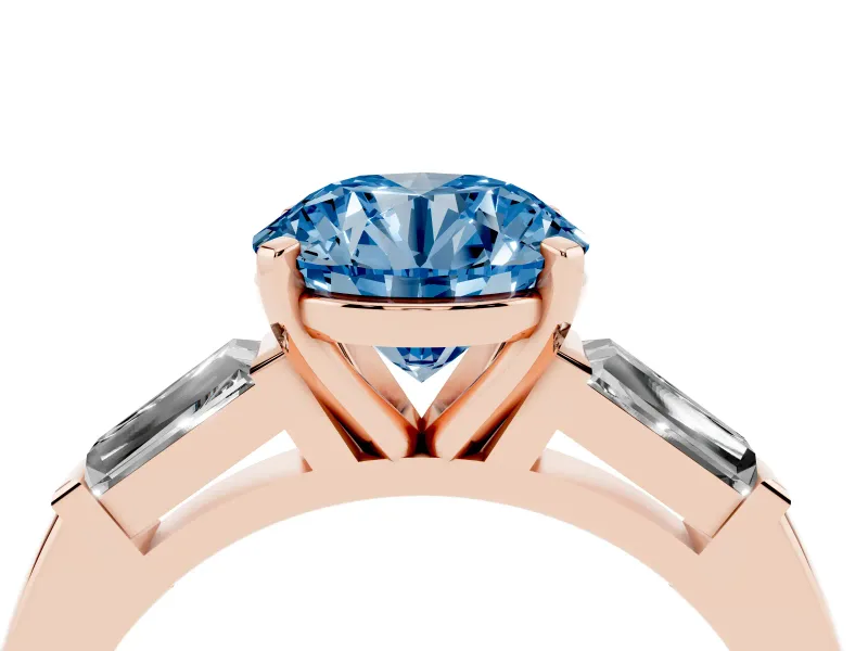 Round Three Stone Engagement Ring Setting for a Fancy Blue Lab-Grown Diamond | Tapered Baguettes | Rose Gold