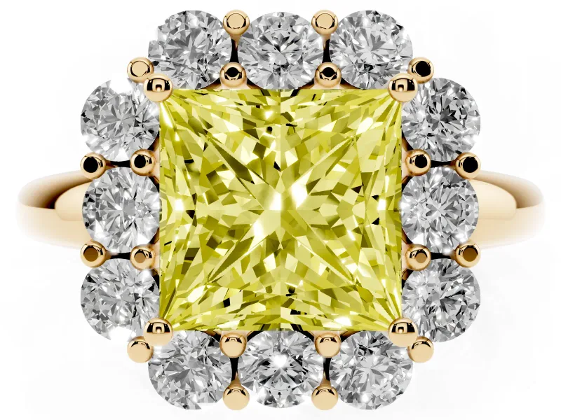 Princess Cut Graduated Milgrain Halo Engagement Ring Setting for a Fancy Yellow Lab-Grown Diamond | Yellow Gold