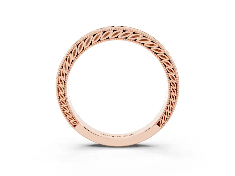 Round Lab-Grown Diamond Vintage Channel Set Wedding Band | Carved Leaf Sides | Rose Gold