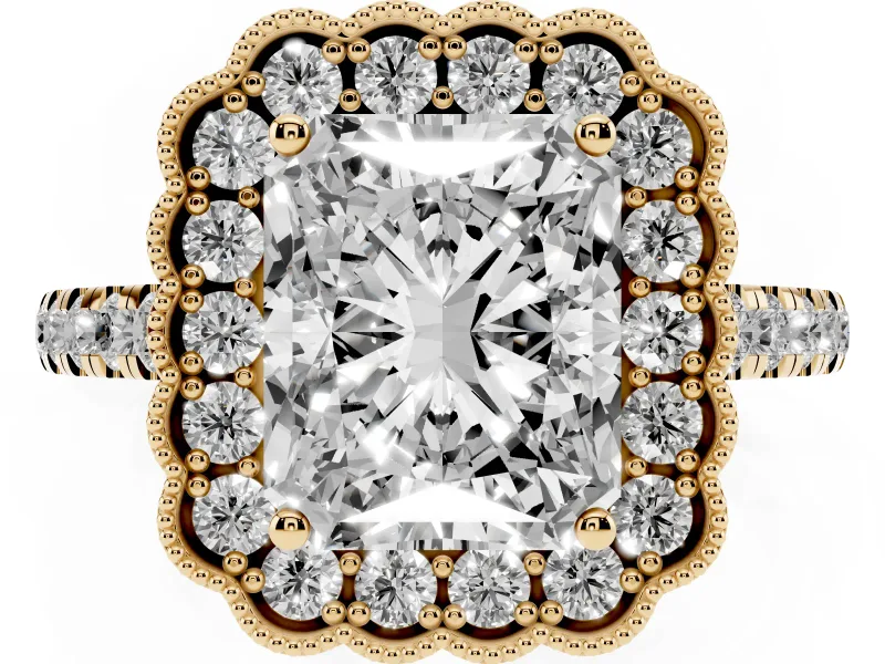 Radiant Cut Vintage Milgrain Floral Halo Engagement Ring Setting | Pavé Band | Yellow Gold