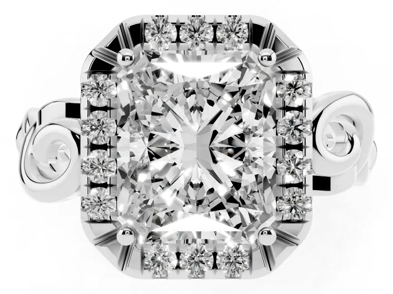 Radiant Cut Diamond Halo Ring Set in Platinum with Scrollwork Band and Prong Setting