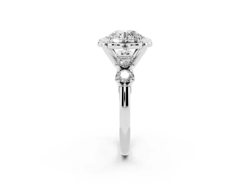 Round Floral Engagement Ring Setting | Petal Frame and Side Stones | Platinum