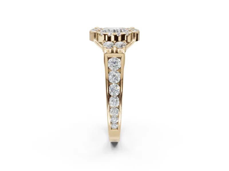 Round Halo Side Cluster Engagement Ring Setting | Graduated Channel Band | Yellow Gold