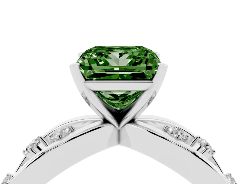 Fancy Green Princess Cut Diamond Solitaire Ring Set in Platinum with Side Stones on Criss-Cross Band and Prong Setting