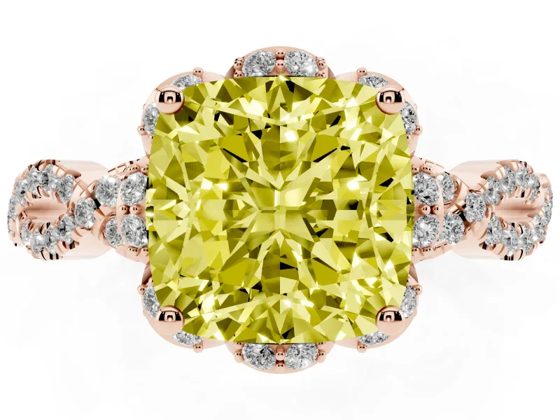 Cushion Cut Milgrain Halo Engagement Ring Setting for a Fancy Yellow Lab-Grown Diamond | Graduated Shoulders | Rose Gold