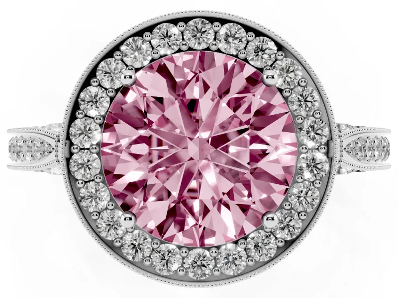 Round Milgrain Halo Engagement Ring Setting for a Fancy Pink Lab-Grown Diamond | Side Stones | Sterling Silver