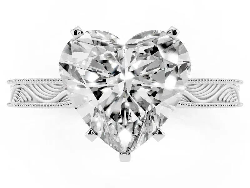 Heart Cut Diamond Solitaire Milgrain Engraved Band Set in White gold with Prong Setting