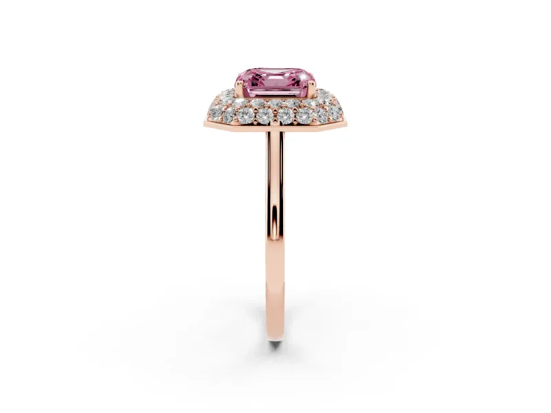 Asscher Cut Pave Halo Engagement Ring Setting for a Fancy Pink Lab-Grown Diamond | Slim Plain Band | Rose Gold