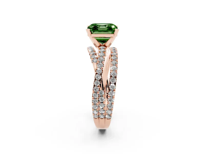 Fancy Green Asscher Cut Diamond Solitaire Twist Band Ring Set in Rose gold with Pavé Setting and Prong Head
