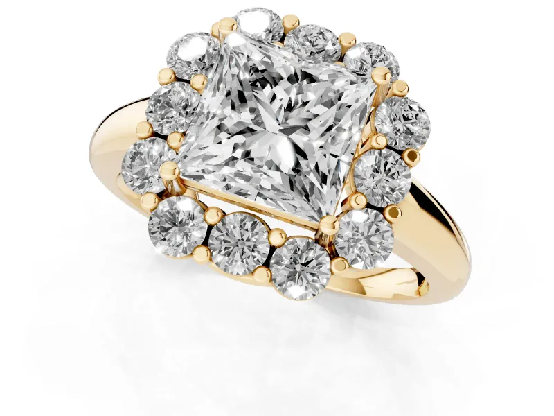 Princess Cut Milgrain Halo Engagement Ring Setting | Graduated Bezel Accents | Yellow Gold
