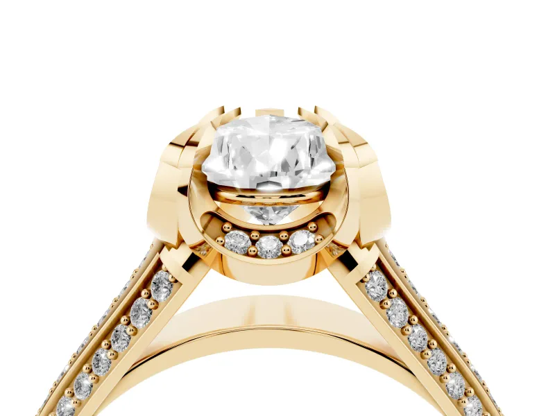 Pear Cut Diamond Pavé Split Shank Solitaire Ring Set in Yellow gold with Prong Setting