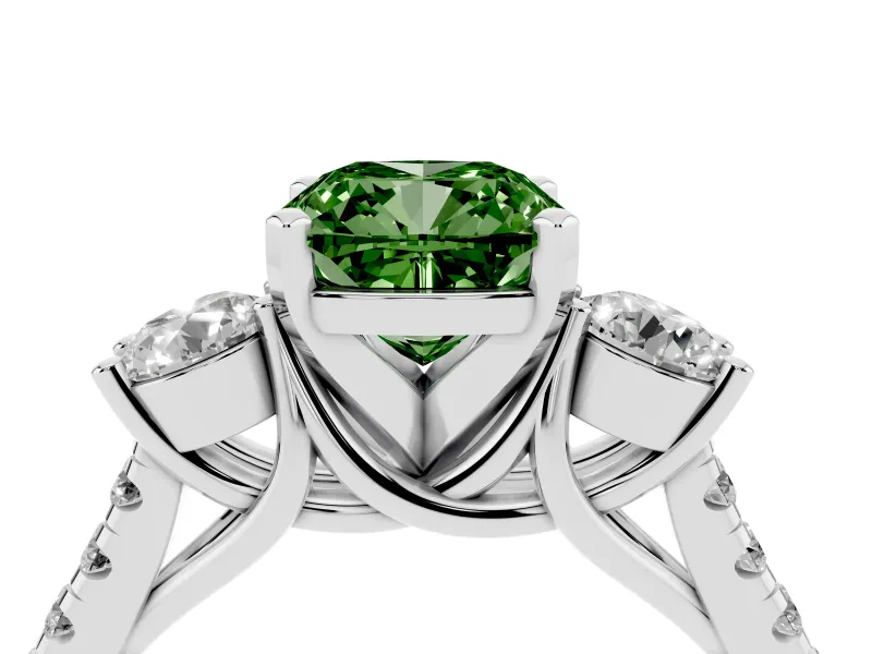 Fancy Green Three-Stone Cushion Cut Diamond Pavé Band Ring Set in Platinum with Prong-Set Trio