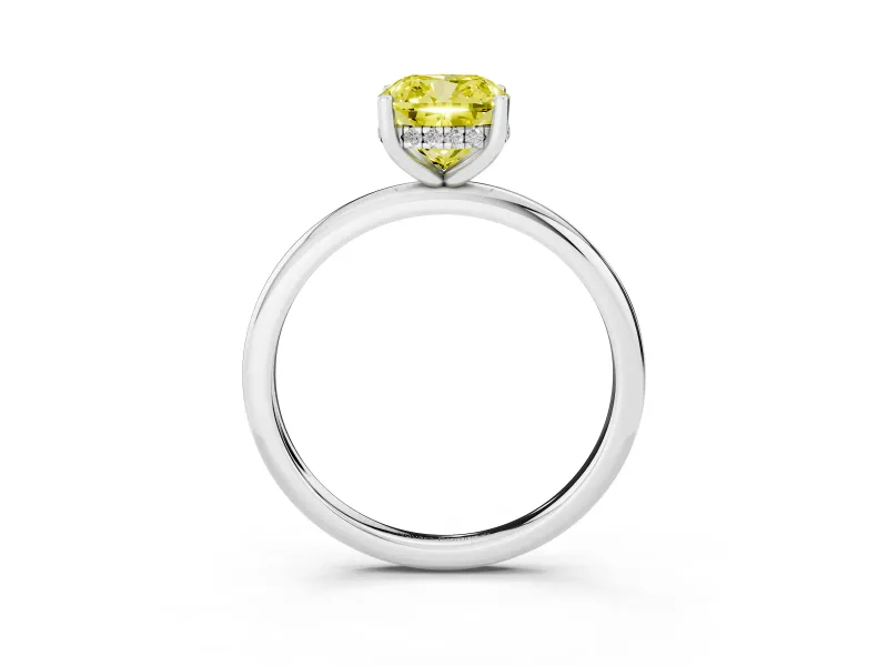 Fancy Yellow Cushion Cut Diamond Solitaire Engagement Ring Set in White gold with Prong Setting and Polished Band