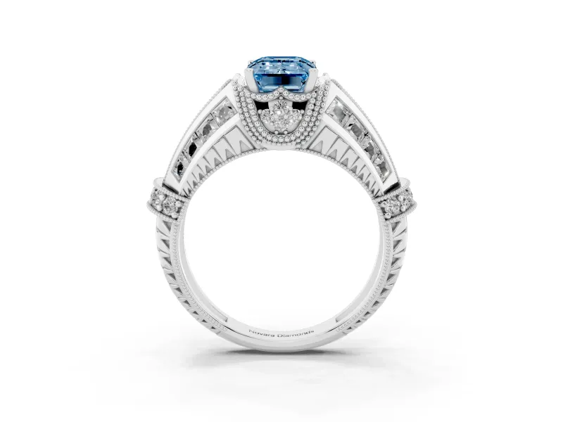 Fancy Blue Emerald Cut Diamond Vintage-Inspired Milgrain Ring Set in White gold with Accent Split Shank
