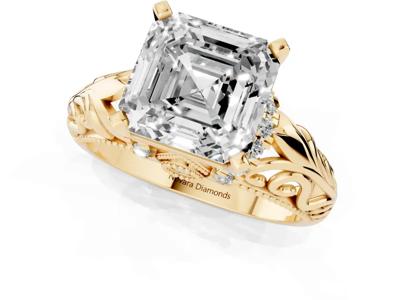 Asscher Cut Diamond Filigree Halo Engagement Ring Set in Yellow gold with Prong Setting