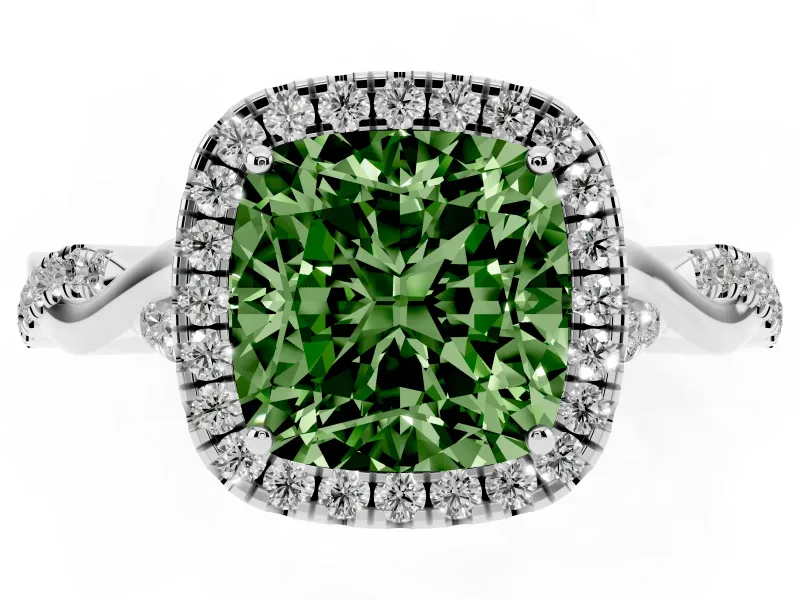 Cushion Cut Twist Halo Engagement Ring Setting for a Fancy Green Lab-Grown Diamond | Platinum