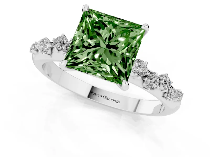 Fancy Green Princess Cut Diamond Cluster Solitaire Ring Set in Platinum with Prong Setting